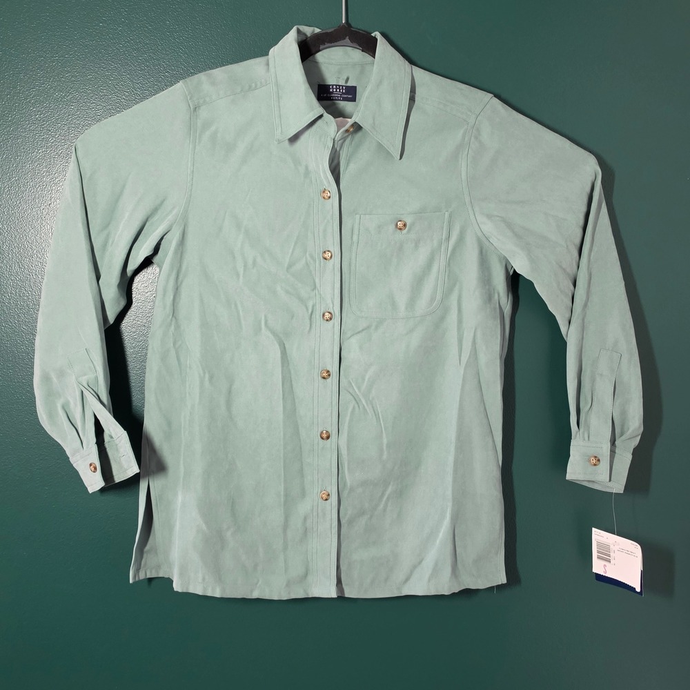 Crazy Horse Liz Claiborne Sage Green Faux Suede Button Up Shirt Petite Small NWT